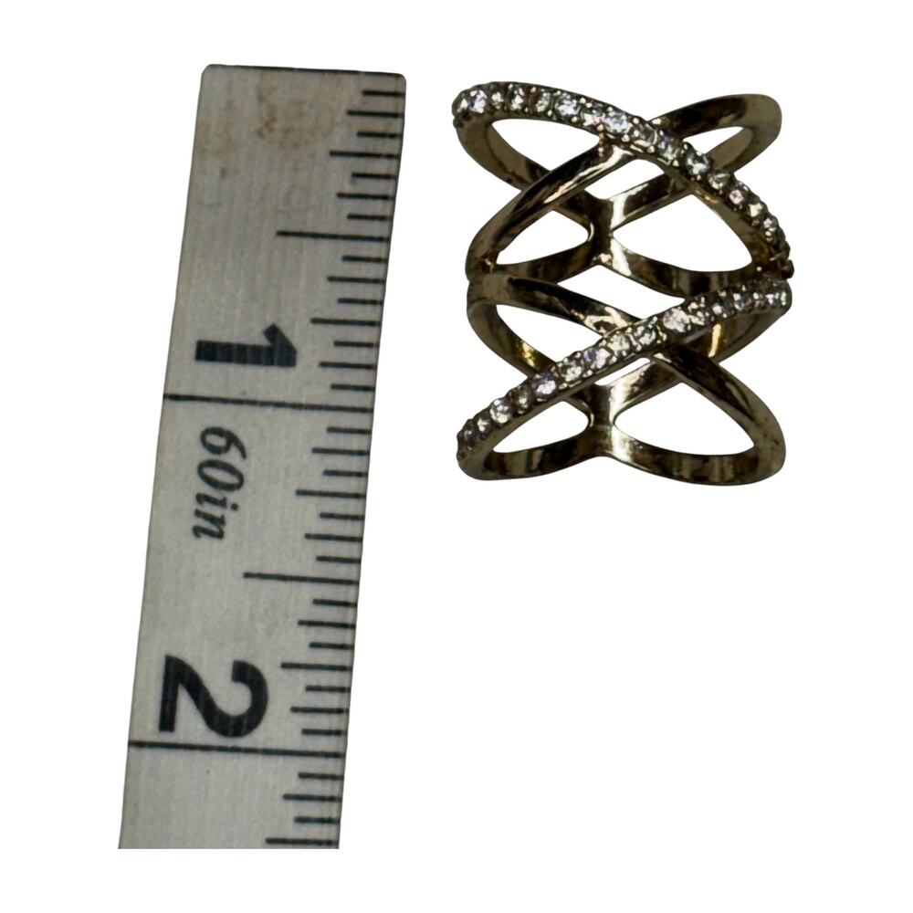 Gold Tone Rhinestone Criss Cross Wide Band Statement Ring Open Lattice 8.5 - Picture 6 of 6